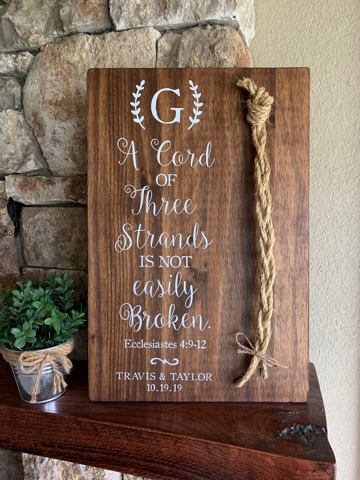 Christian Wedding Gift, A Cord of Three Strands is Not Easily Broken, Personalized Gift Couple, Anniversary Gift (Dark Walnut Color Shown)