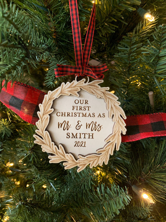 Custom Engraved First Christmas as Mr. and Mrs. Ornament