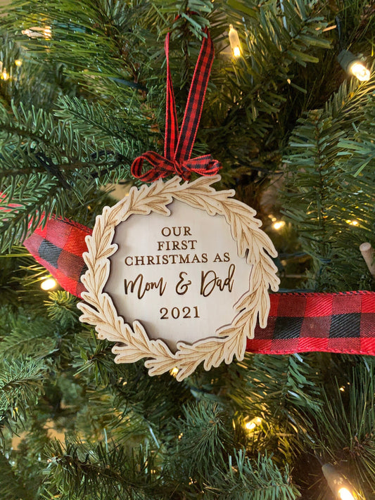 Custom Engraved First Christmas as Mom and Dad Ornament