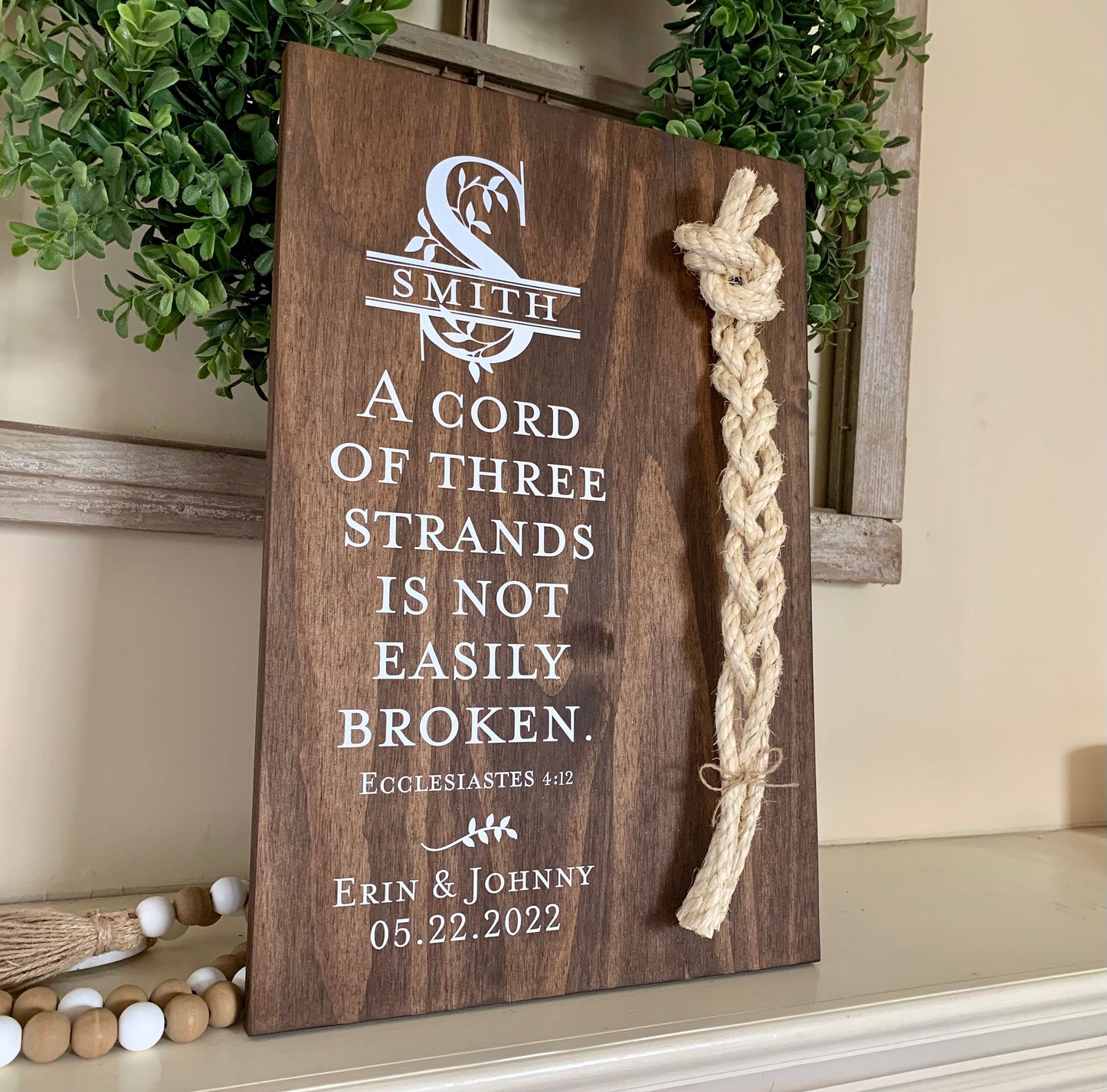 Christian Wedding Gift, A Cord of Three Strands is Not Easily Broken, Personalized Gift Couple, Anniversary Gift (Dark Walnut Color Shown)