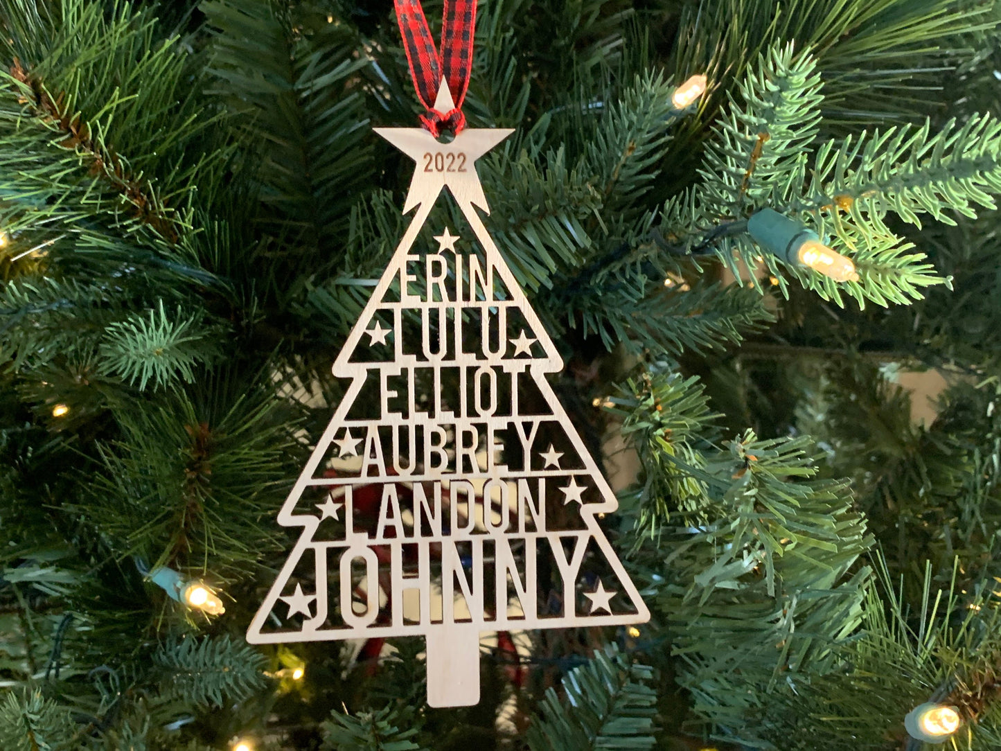 Family Names Tree Ornament, Custom Laser Cut Wood Ornament